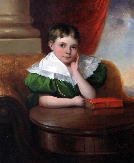 English School c.1820 Portrait of a boy seated at a drum table, 9 x 7.5in.